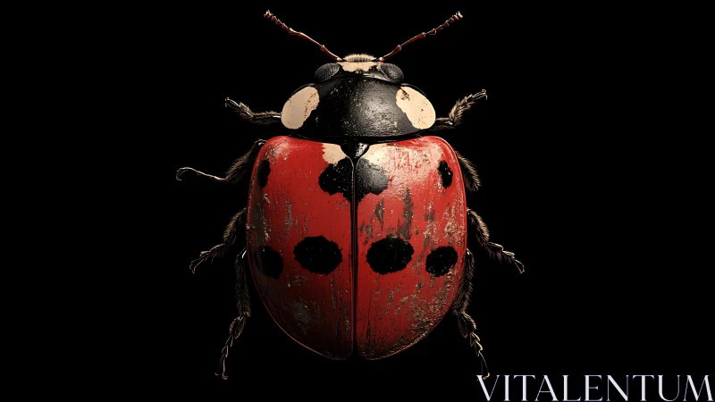 Battle-scarred ladybug portrait in dramatic midnight light.