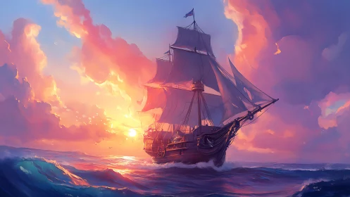 Sailing ship on open sea under vivid sunset sky panorama.