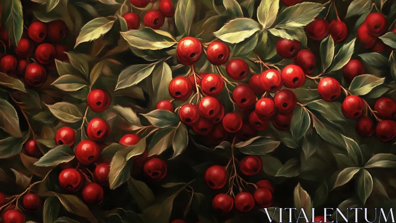 Lush red berries glow gently among deep green leaves