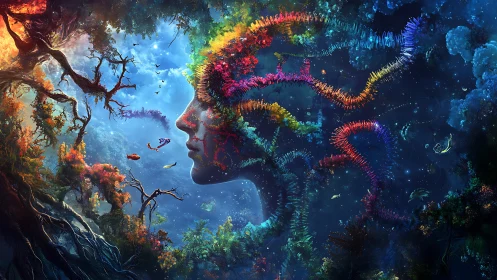Dreamlike cosmic face drifts through swirling rainbow forest