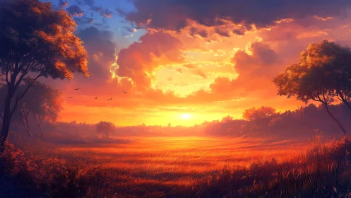 Sunset over open field with trees and distant horizon line.