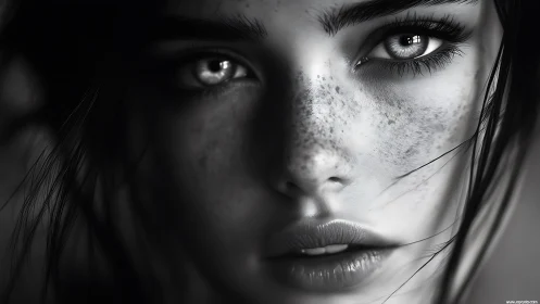 Monochrome freckled portrait with intense reflective gaze.