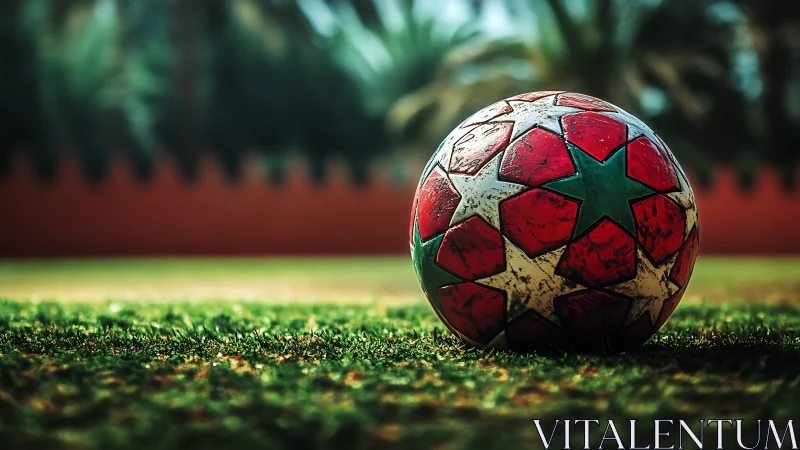 Sunlit star-patterned football waits on glowing grass field.
