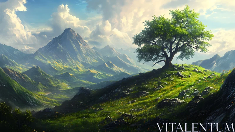 Isolated deciduous tree on sunlit alpine ridge, distant ranges