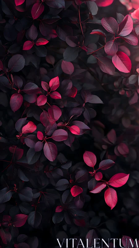 Crimson foliage with low key lighting and shallow depth of field.
