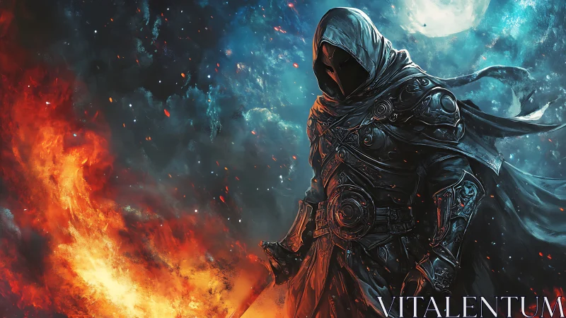 Hooded arcane warrior between inferno and frost cosmos.