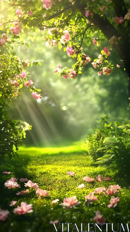 Sunlit flower path glows beneath arching garden trees.