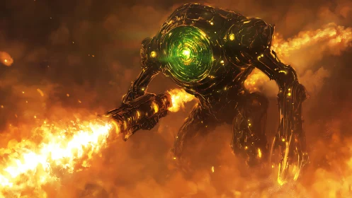 Flaming war mech with radiant green core storms battlefield.