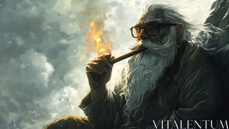 Mountain sage with ember-lit pipe adrift in roaming sky.