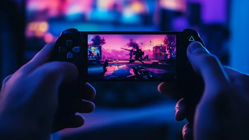 Handheld Gaming Device Display: Neon Cyberpunk Action Sequence.