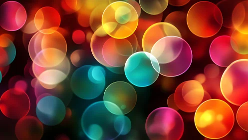 Multicolor bokeh orbs on dark ground with layered light refraction