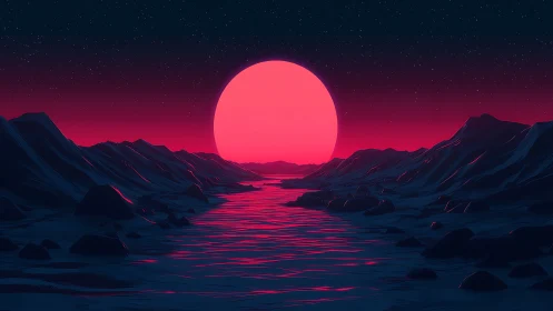 Synthetic landscape shows luminous sun over polygonal valley