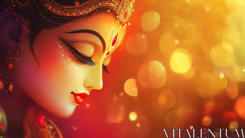 Graceful goddess portrait glowing in warm festive light.