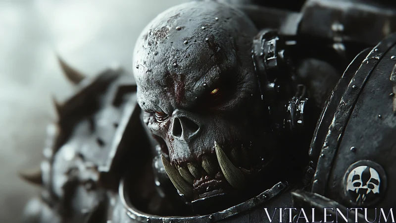 Armored orc warlord close-up with corroded tactical plating.