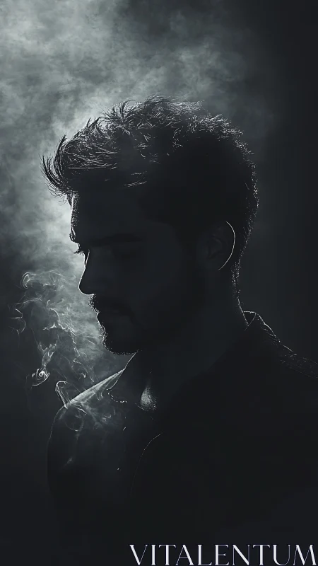 Brooding male silhouette stands in swirling cinematic smoke