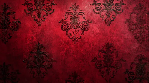 Velvety red damask wall alive with vintage drama.