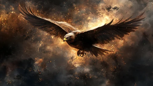 Soaring firelit eagle gliding through stormy twilight skies.