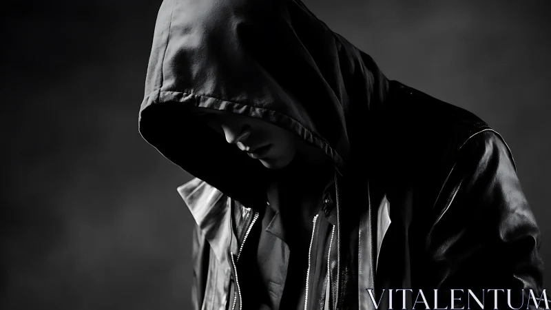 Hooded figure in shadowed leather, stark monochrome portrait.