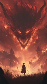Lone warrior confronts colossal fire demon in blazing sky.