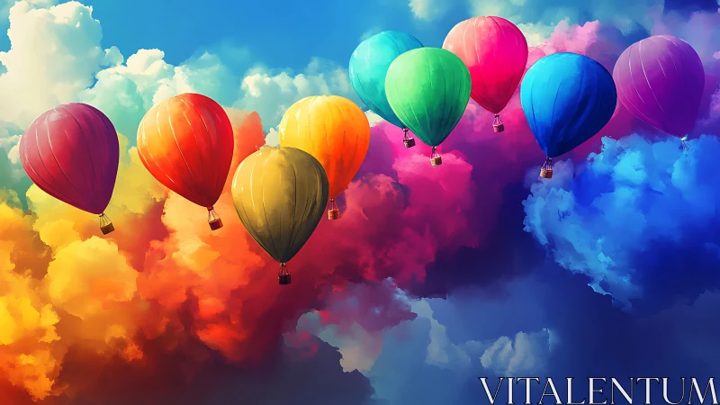 Colorful hot air balloons float over saturated painted clouds