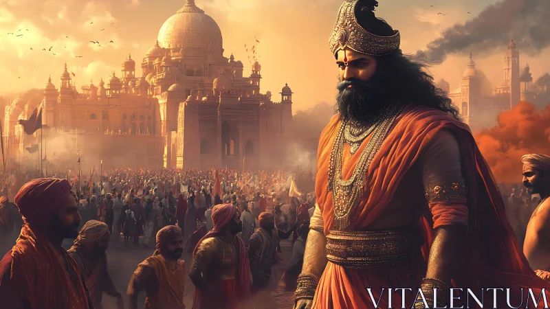 Warrior king surveys grand palace amid rising crowds.