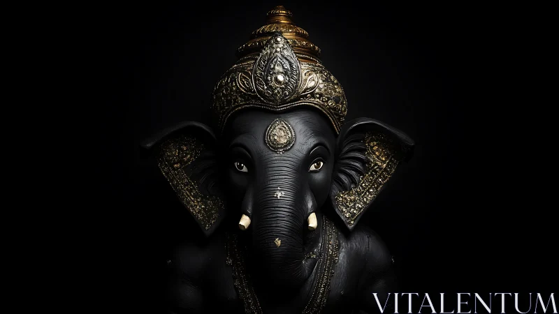 Ornate black Ganesh sculpture isolated on deep chiaroscuro