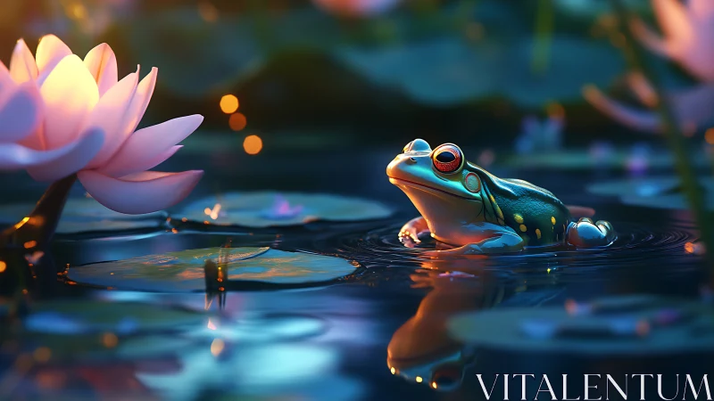 Gentle frog rests among glowing water lilies at twilight