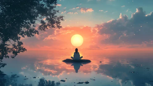 Solitary seated figure before low sun over reflective water.