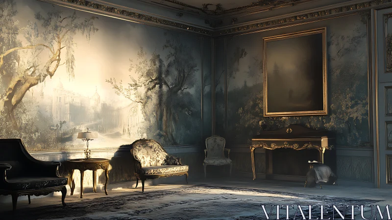 Sunlit antique parlor wrapped in dreamy painted landscapes.