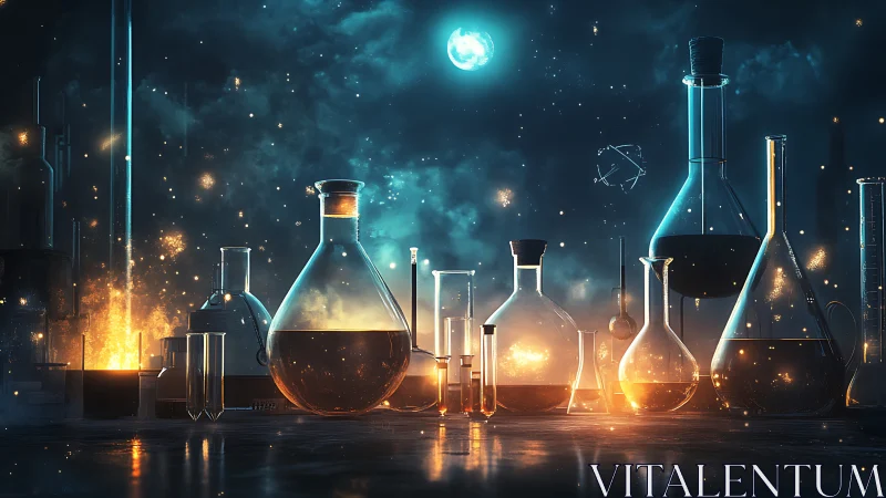Glowing alchemy flasks illuminate a mystical night lab scene