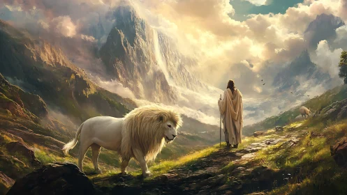 White lion and robed wanderer on luminous alpine path
