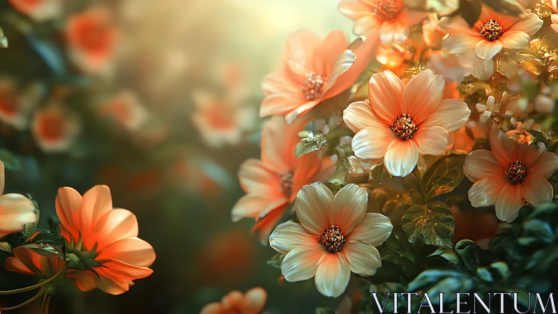 Orange and white composite flowers with layered petals and dark centers displayed in depth of field 