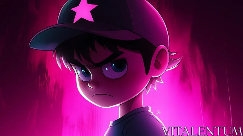 Cartoon boy in cap stares forward under intense pink lighting