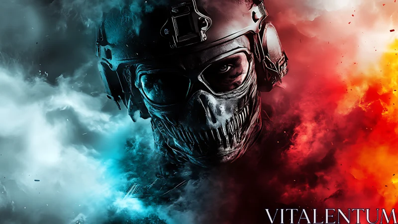 Skull-masked trooper strides between frostbite and firestorm