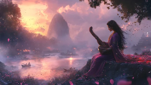 Woman in purple dress plays lute beside misty sunset river