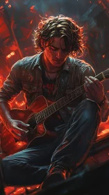 Guitarist in ember-lit ruins with dramatic warm glow.