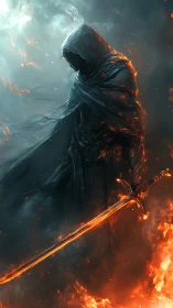 Hooded wraith with molten longsword in infernal storm