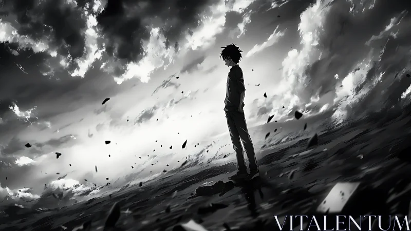 Silhouetted boy stands alone under dramatic storm clouds