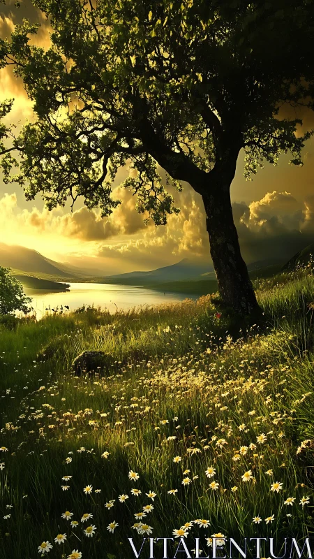 Backlit lakeside oak over daisied slope at golden hour.