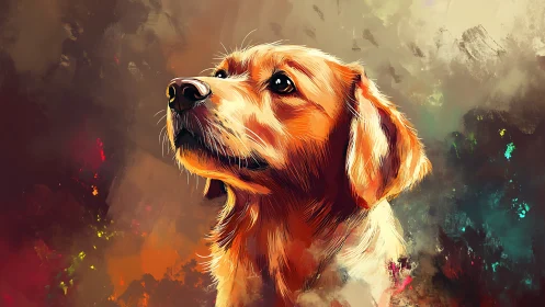 Digital painting portrait of golden retriever with abstract aura.