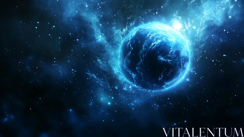 Luminous blue planet amid cosmic nebula field in deep space.
