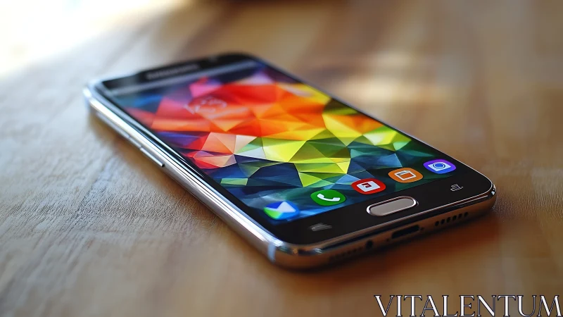 Contemporary smartphone displaying geometric abstract wallpaper with vibrant chromatic spectrum rend