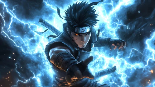 Electrically charged shinobi in dynamic anime combat field.