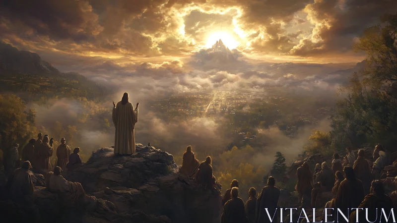 Robed figures observe illuminated city beneath clouded sky