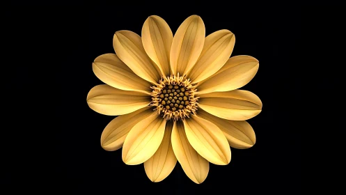 Golden Daisy Flower With Detailed Center Against Black Background