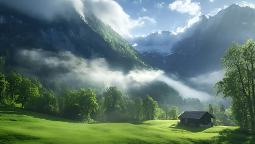 Photorealistic alpine valley landscape with mist bands and cabin.