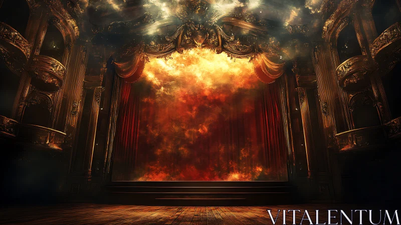 Ornate Theater Stage With Explosive Fire Effect.