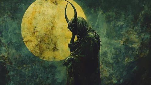 Moonlit horned wanderer lost in quiet, shadowed thought.