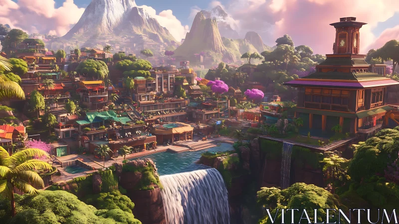 Sunlit cliffside city hums above bright waterfalls and peaks