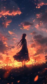 Backlit silhouette of girl under high-contrast emberlit sunset sky